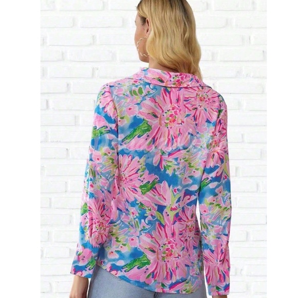 Floral Print Button Down Shirt Top Long Sleeve Collared Pink Blue Multicolor - Picture 5 of 8
